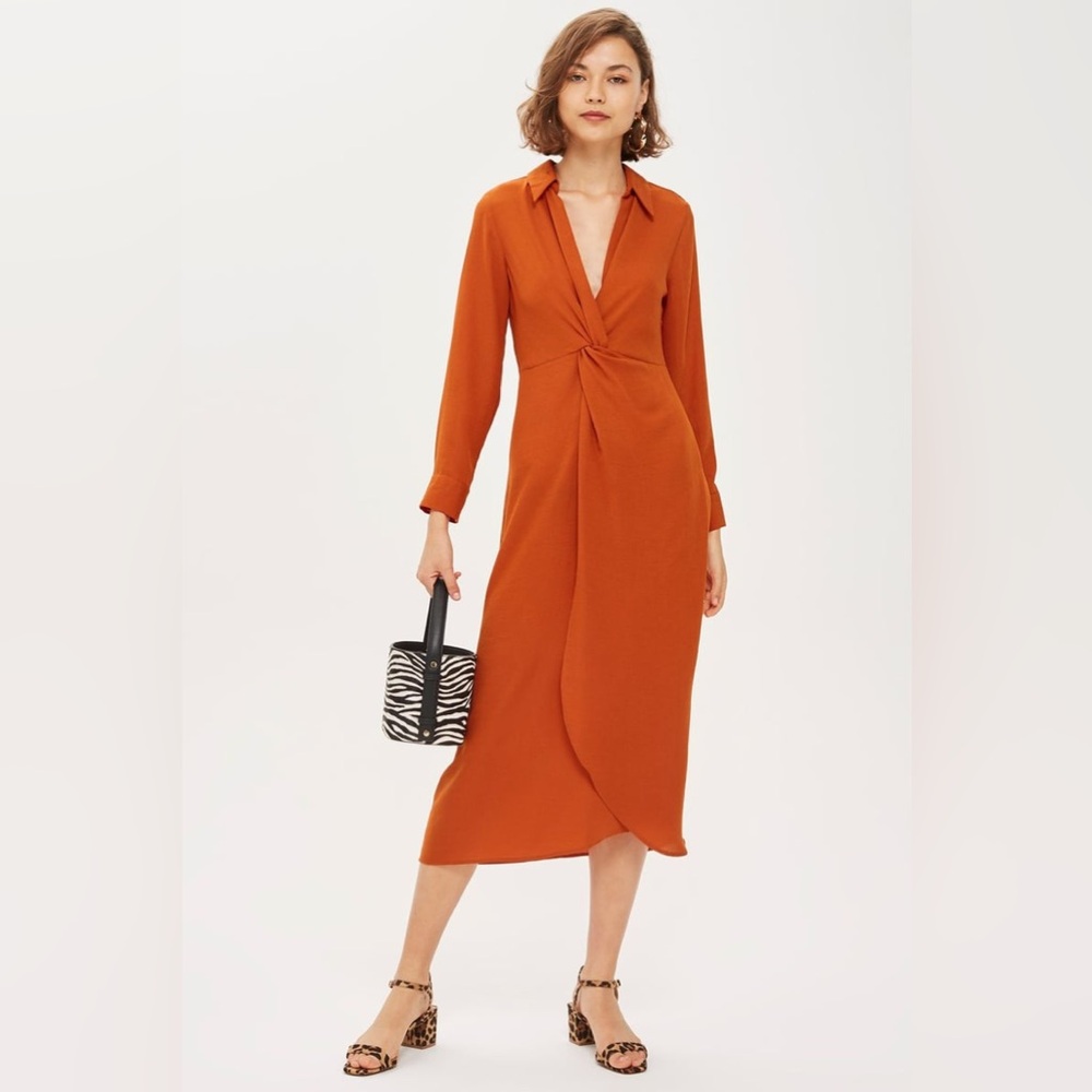Topshop Rust Twist-Front Midi Dress Long Sleeve Dress